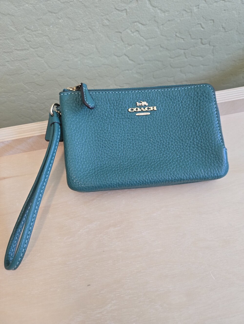 Coach Teal Pebbled Leather Wristlet with  Double Zipper